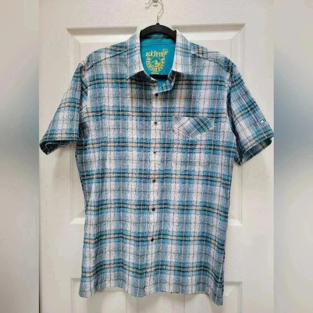Kuhl Stallion Seersucker Krinkle Fabric Short Sleeve Plaid Shirt Size Medium